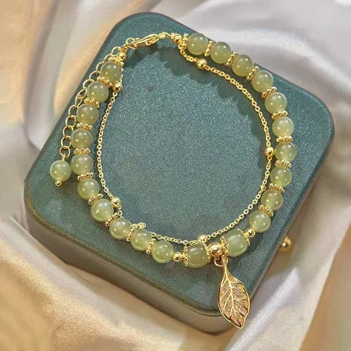 PULSERA HECHA A MANO LUCKY - JADE HOJA DE ORO